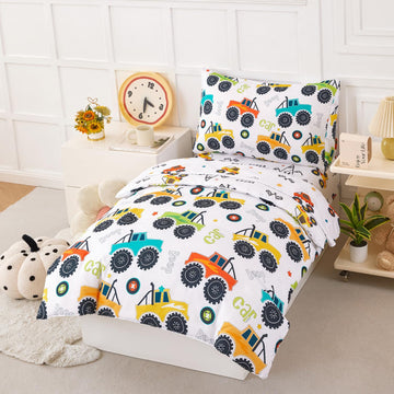 Perfemet 4-Piece Toddler Bedding Set - Colorful Car Printed Toddler Comforter Set For Boys, Reversible Fluffy Toddler Bed Set Fo