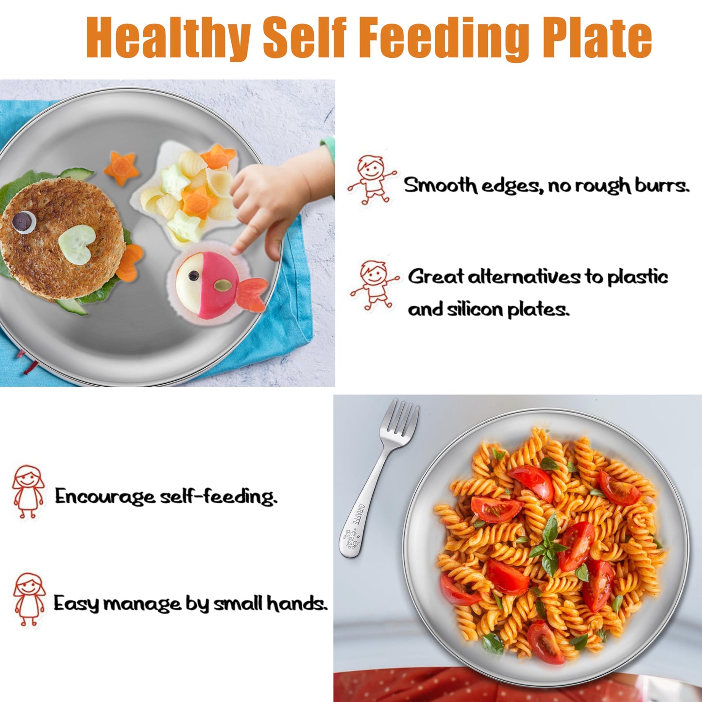 E-Far Stainless Steel Plates Set Of 6, 8-Inch Metal Dinner Plates For Kids Toddlers, Great For Self-Feeding/Picnic/Outdoor Campi