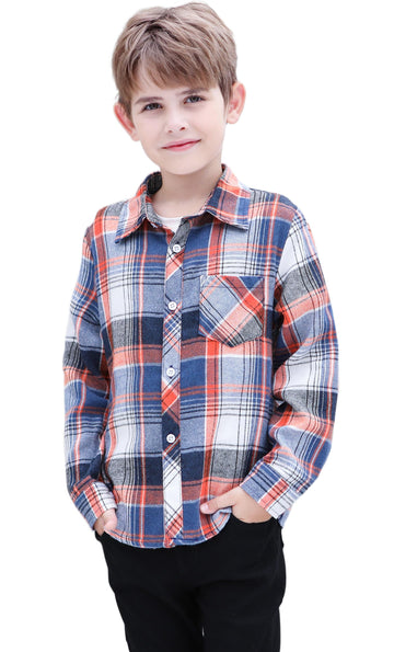 Sangtree Boys Long Sleeves Flannel Plaid Button Down Shirt Tops Orange Blue, 18-24 Months = Tag 90