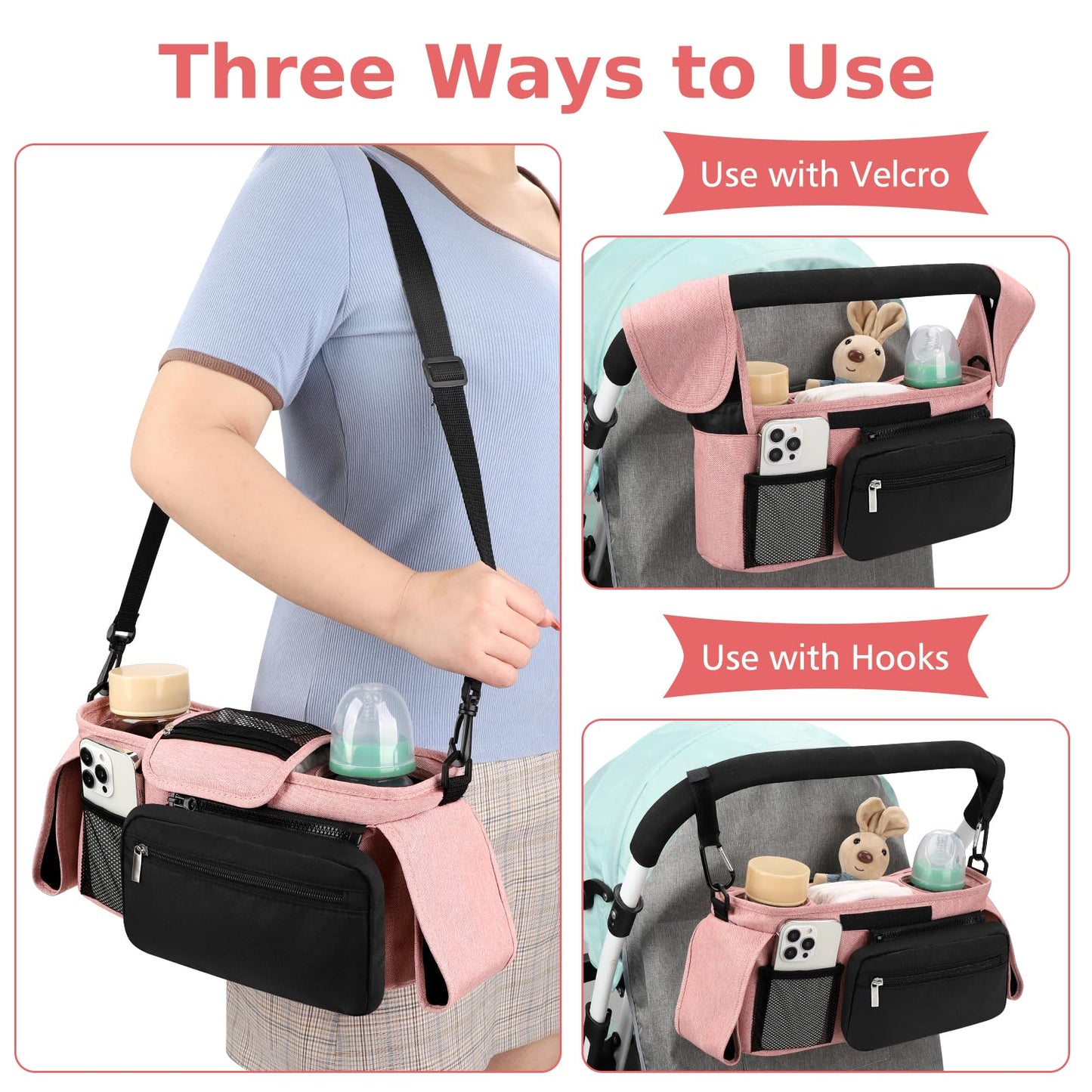 Accmor Universal Stroller Organizer With Insulated Cup Holder Detachable Phone Bag And Shoulder Strap,Stroller Bag Caddy Organiz
