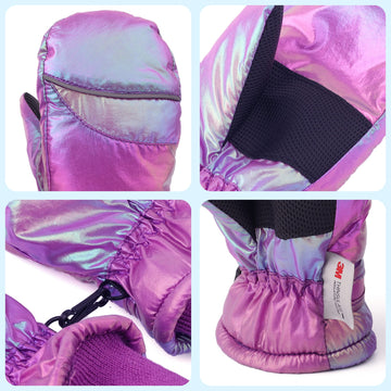 F Flammi Toddler Kids Snow Mittens With String Waterproof Ski Mittens Thinsulate Winter Gloves For Baby Girls Boys(Blink Purple,