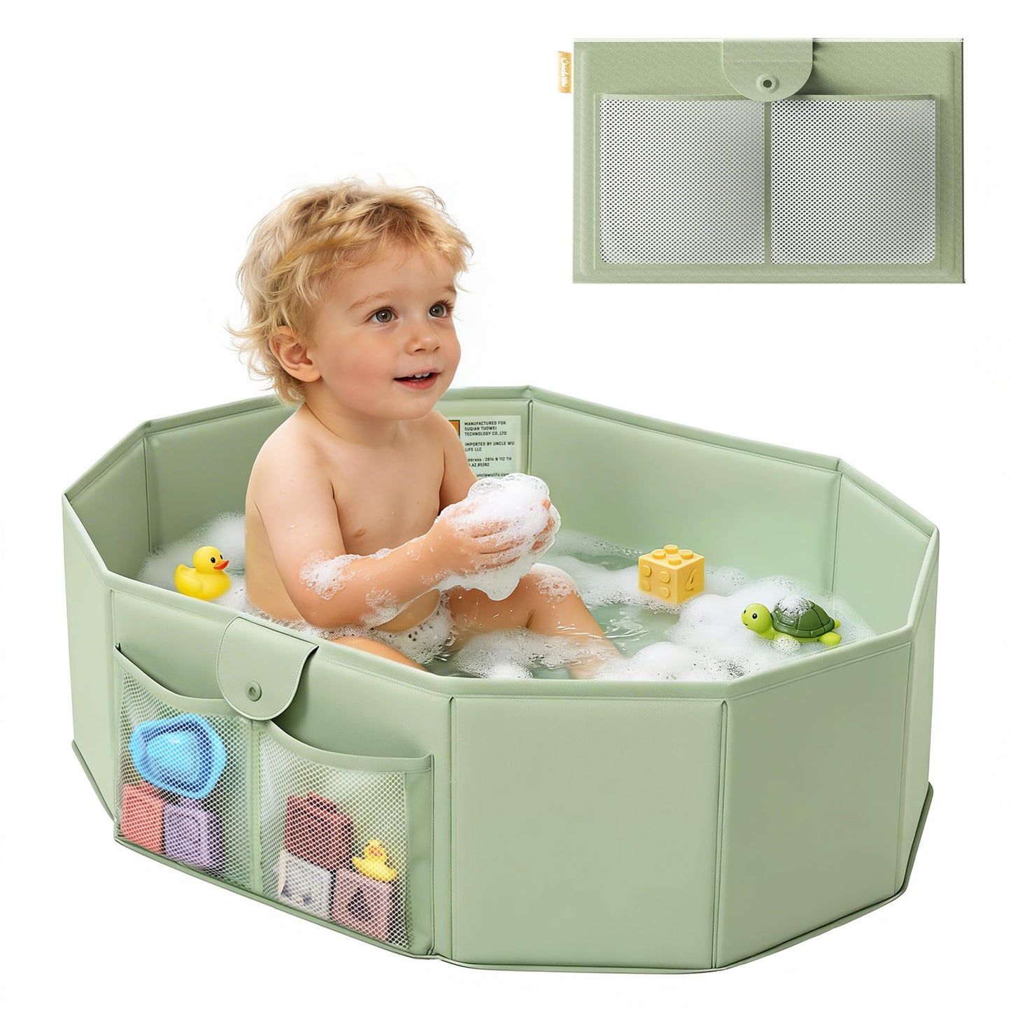 UNCLE WU Toddler Bathtub for Shower (1-4Y) - Large Collapsible Portable Tub Converts Shower Stall to Bath - Sturdy, Non-Slip wit