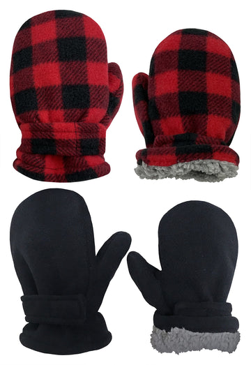 N'Ice Caps Baby Toddler Mittens Kids 2 Pairs Fleece Gloves Winter Warm Sherpa Lined (Black/Red Buffalo Plaid, 4-6 Years)
