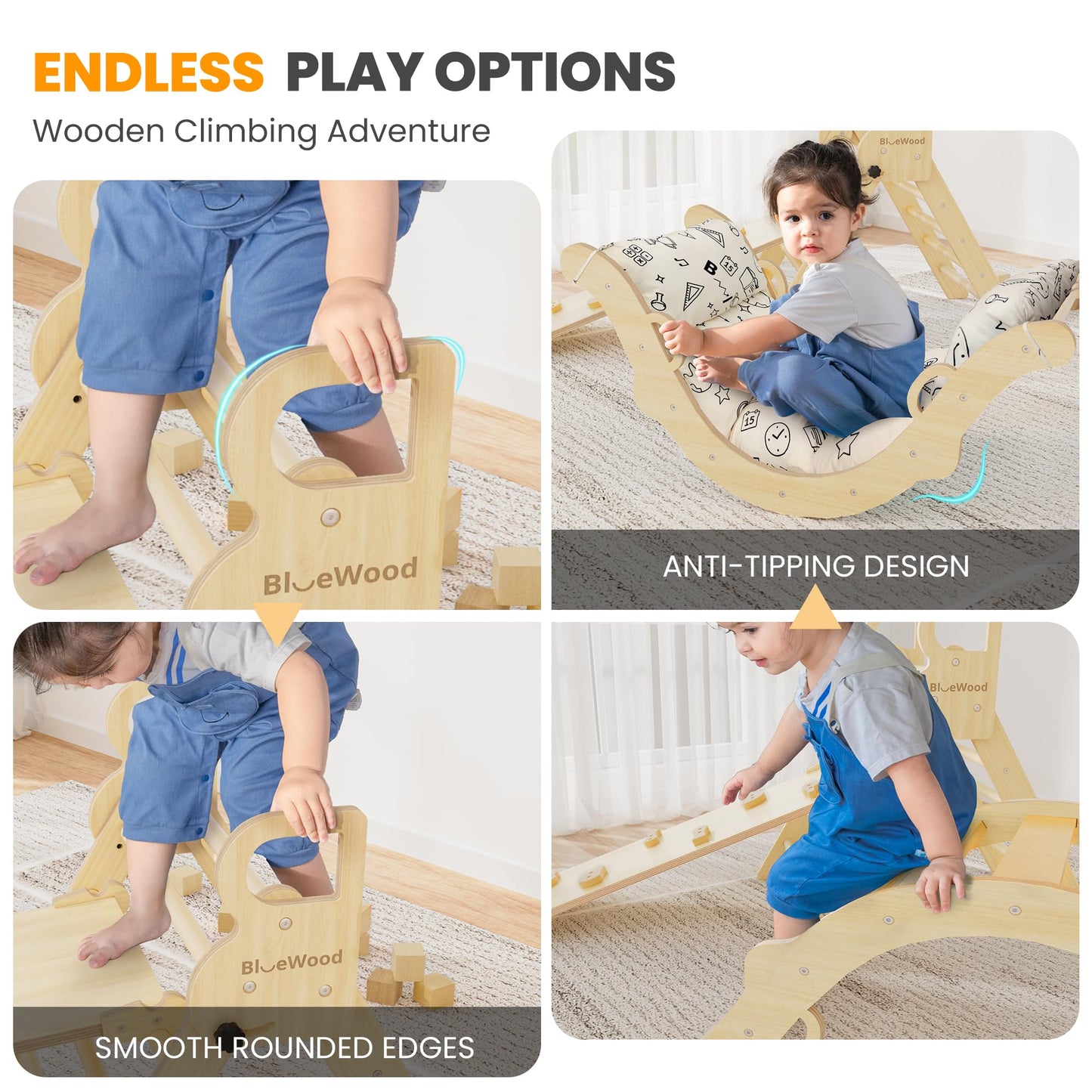 Bluewood Pikler Triangle Set With Cushion, 8-In-1 Climbing Toys For Toddlers, Montessori Philosophy Play Jungle Gym With Arch, R