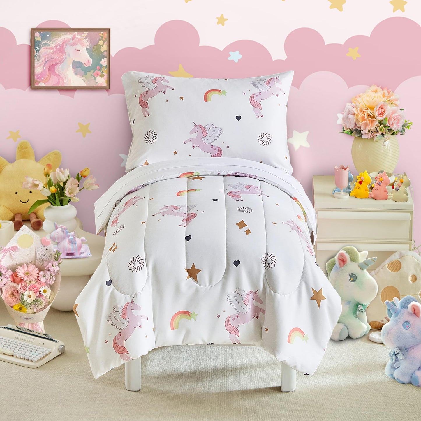 Unicorn Toddler Bedding Set for Girls Pink Unicorn Flowers 4PC Toddler Bed Set - Soft Star Rainbow Unicorn Cute Princess White T