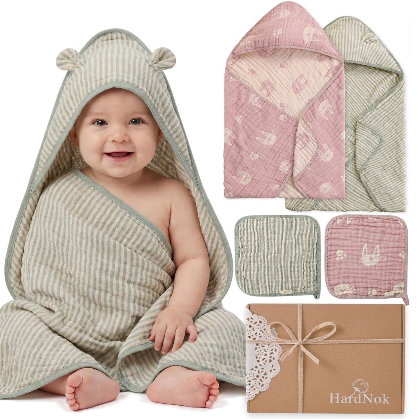 HardNok 4-Piece Muslin Baby Towel Set - Made with Organic Cotton, (2) 6-Layer Bath Towels 32x32 & (2) Washcloths, Absorbent Bath