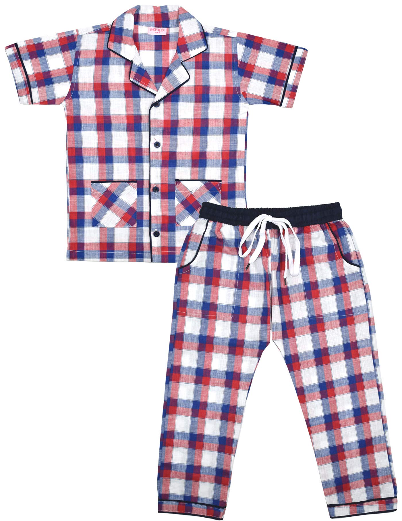 SHOPmOZO Unisex Pure Cotton Checkered Short Sleeve Night Suit for Boys and Girls Pyjama Top Sleep Suit Combo Set (SM00525UNISEX