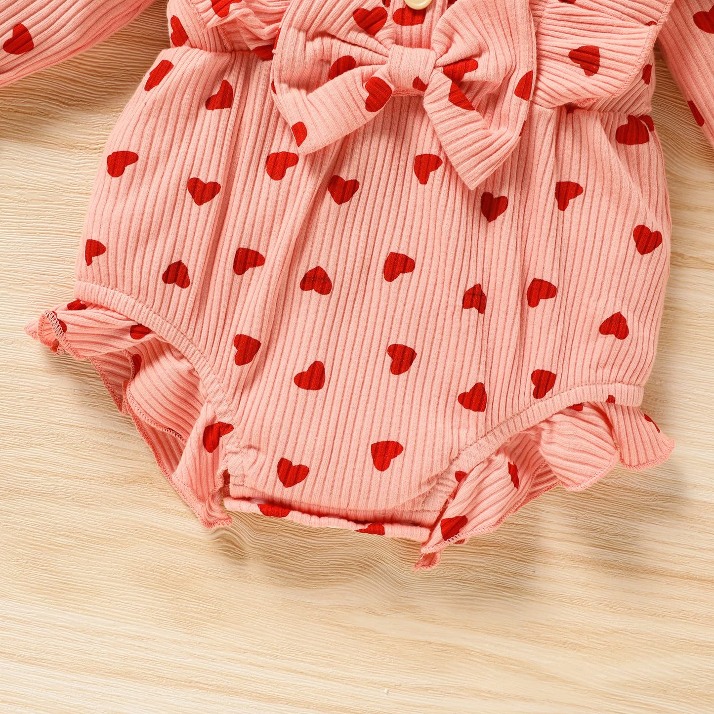 Grnshts Valentine'S Day Newborn Baby Girl Clothes Ruffle Heart Print Romper Long Sleeve Button Bodysuit+Hairband+Socks 3Pcs Outf