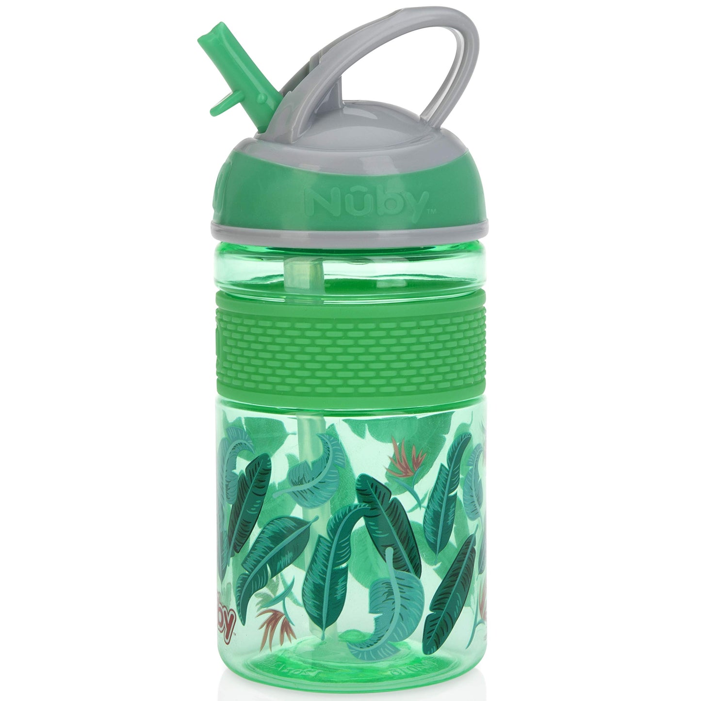 Nuby Thirsty Kids Flip-It Freestyle On The Go Water Bottle With Bite Resistant Hard Straw And Easy Grip Band, Green Banana Leave
