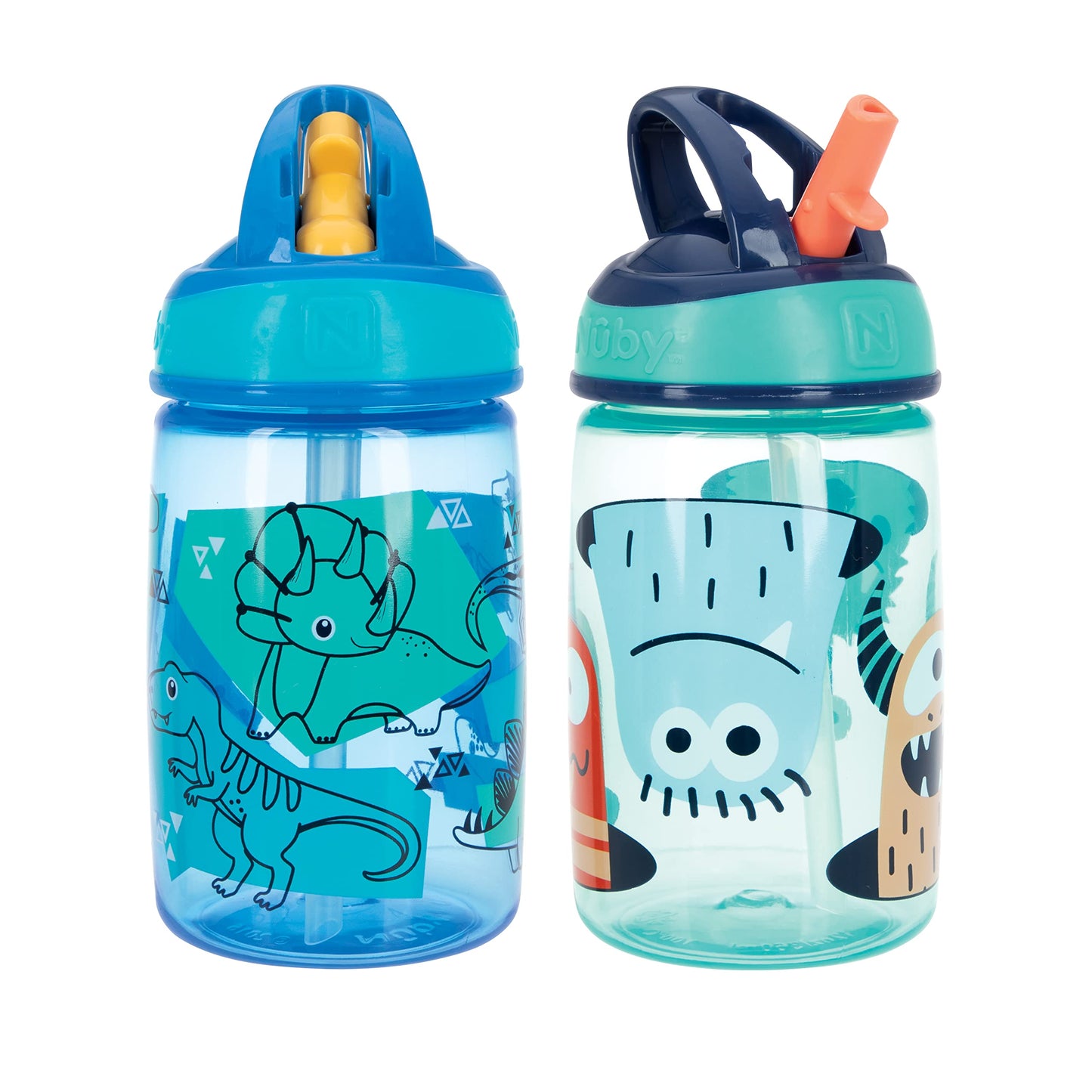 Nuby Flip-It Kids On-The-Go Printed Water Bottle With Bite Proof Hard Straw - 12Oz / 360 Ml, 18+ Months, 2 Pk Dinosaurs/Friendly