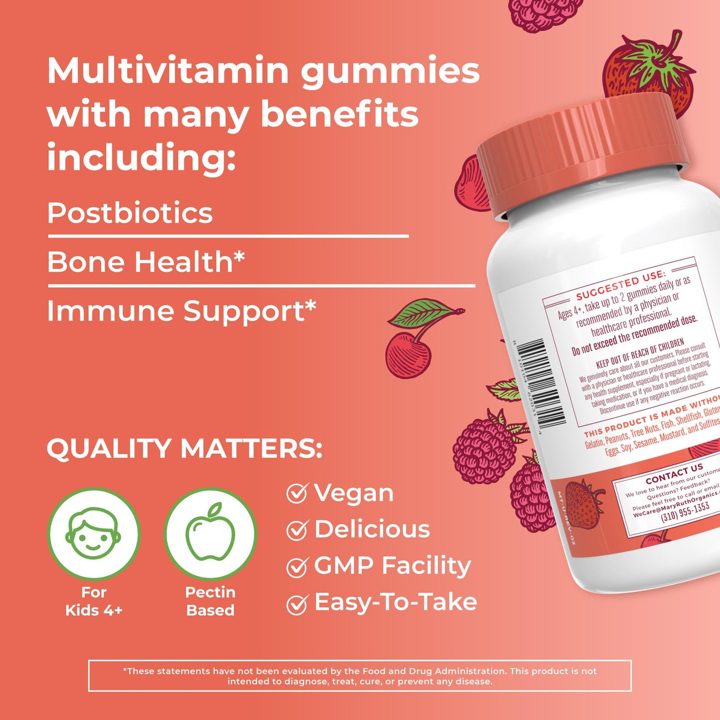 Kids Vitamins By Maryruth'S | Usda Organic | Kids Multivitamin Gummies + Postbiotics For Ages 4+ | Multivitamin For Kids With La