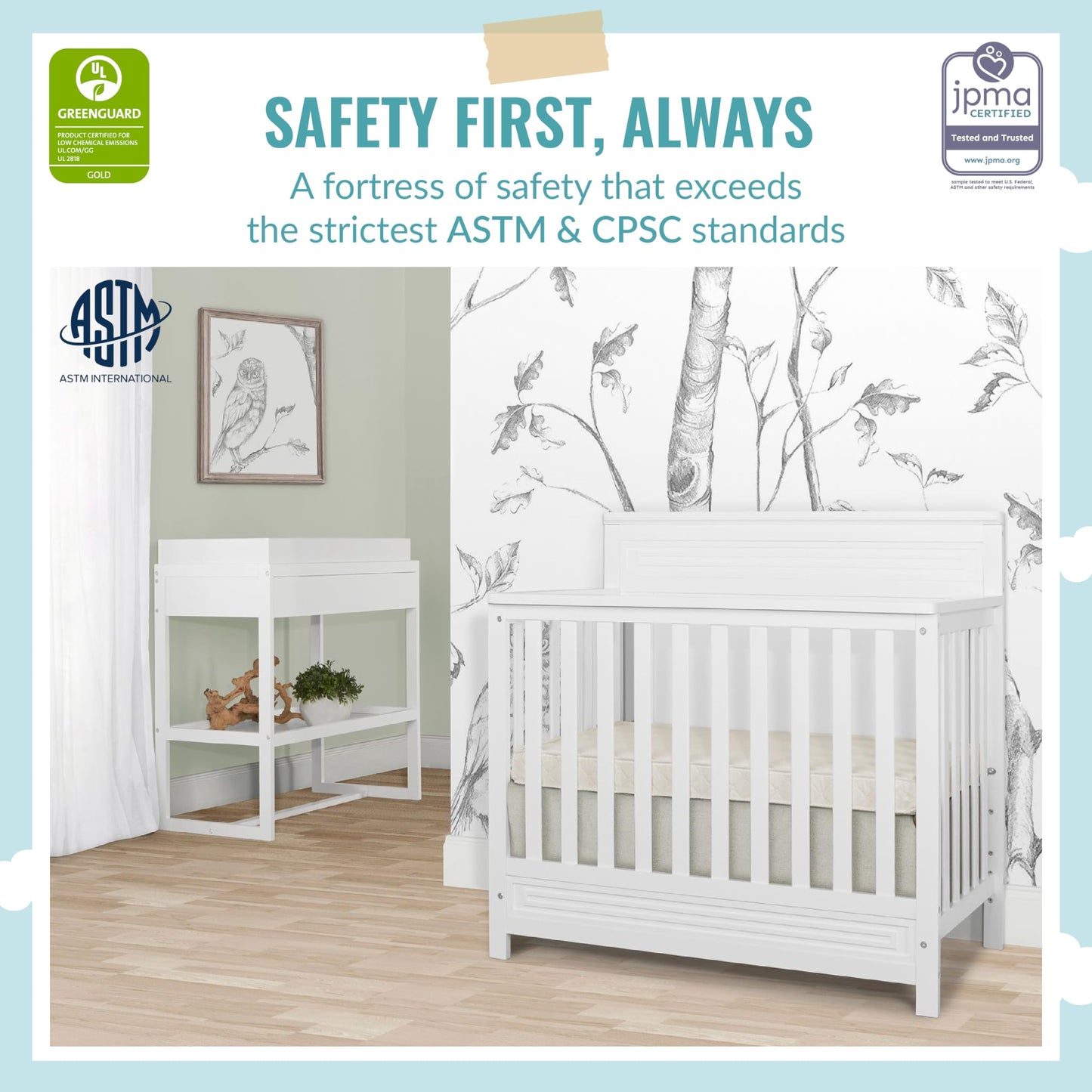 Dream On Me Harbor Full Panel 4-In-1 Convertible Mini Crib In White, Water-Based Paint Finish, Jpma Certified, 3-Position Mattre