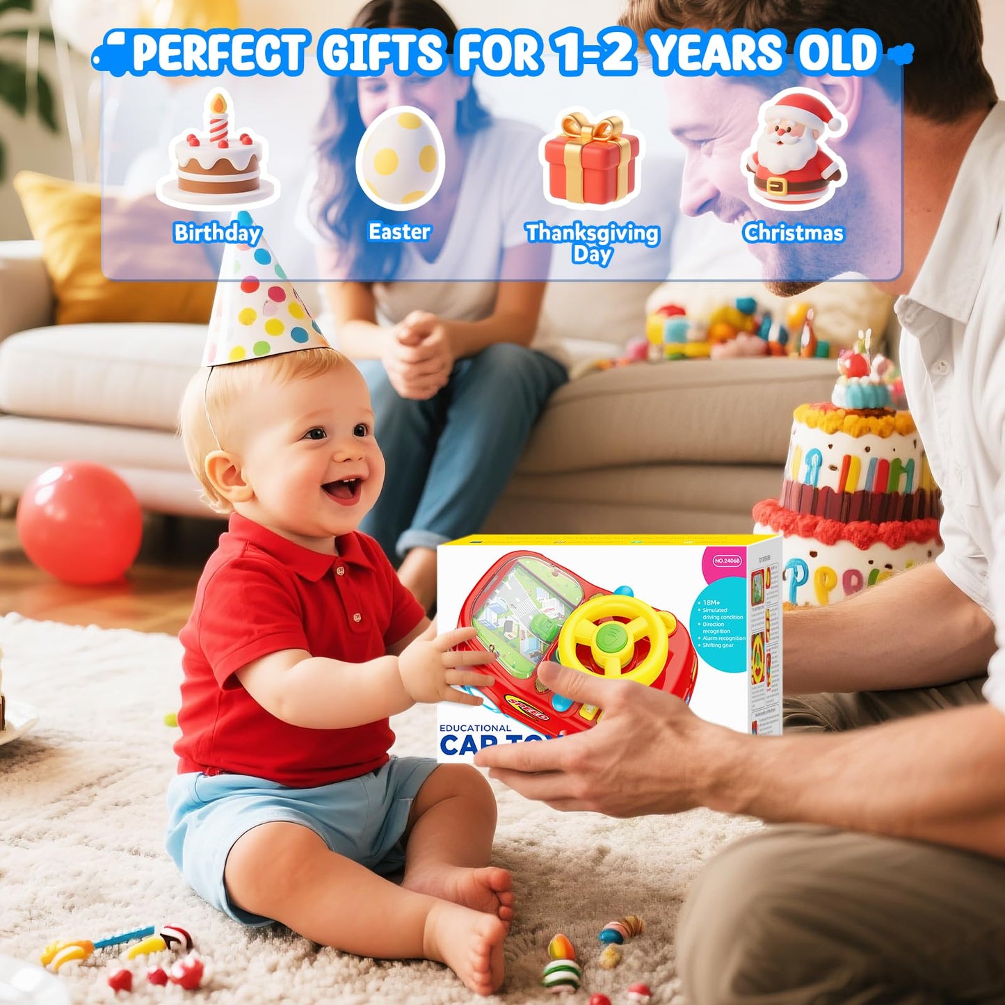 Toys for 1 Year Old Boy Gifts - 2-in-1 Toddler Push Car & Musical Racing Adventure Steering Wheel Driving Game, Interactive Lear