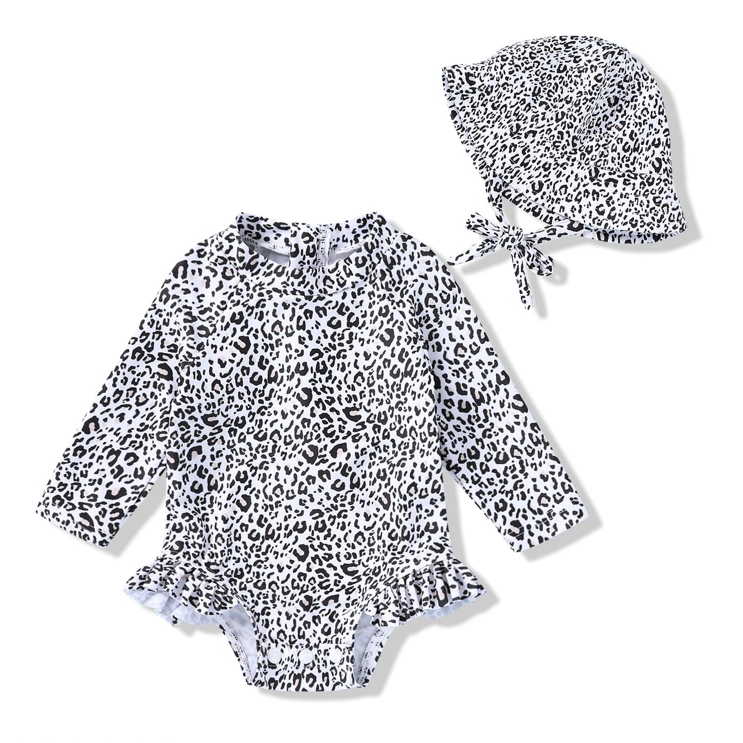 Infant Baby Girl Swinsuit One-Piece Long Sleeve Rash Guard With Hat Set Floral Zipper Bathing Suit Leopard Beach Wear (3-6 Month