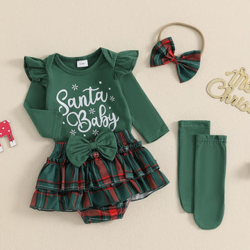 Beqeuewll Newborn Baby Girl Christmas Outfit Santa Baby Clothes Long Sleeve Romper+Bloomers Tutu Skirt+Socks+Headband 4Pcs (Gree