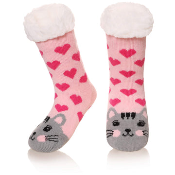 Seeyan Kids Boy Girl Soft Thick Warm Slipper Socks Winter Fleece Fuzzy Non-Skid Children Home Socks (Cat, 8-12 Years)