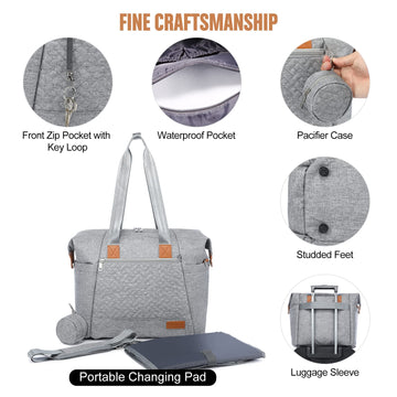 Lovevook Diaper Bag Tote, Large Baby Tote Bag, Travel Diaper Tote For Mom And Dad With Changing Pad And First Aid Bag, Light Gre