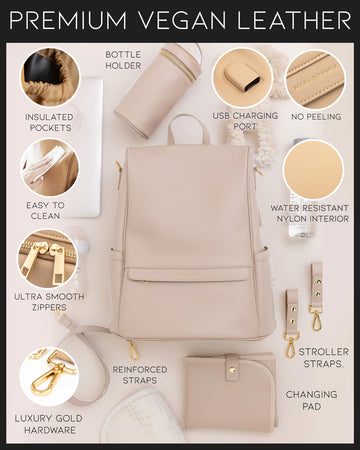 Mia + Sophia Leather Diaper Bag Backpack With Usb Charging Port, Changing Pad, Stroller Straps, And Bottle Holder (Beige Mia)