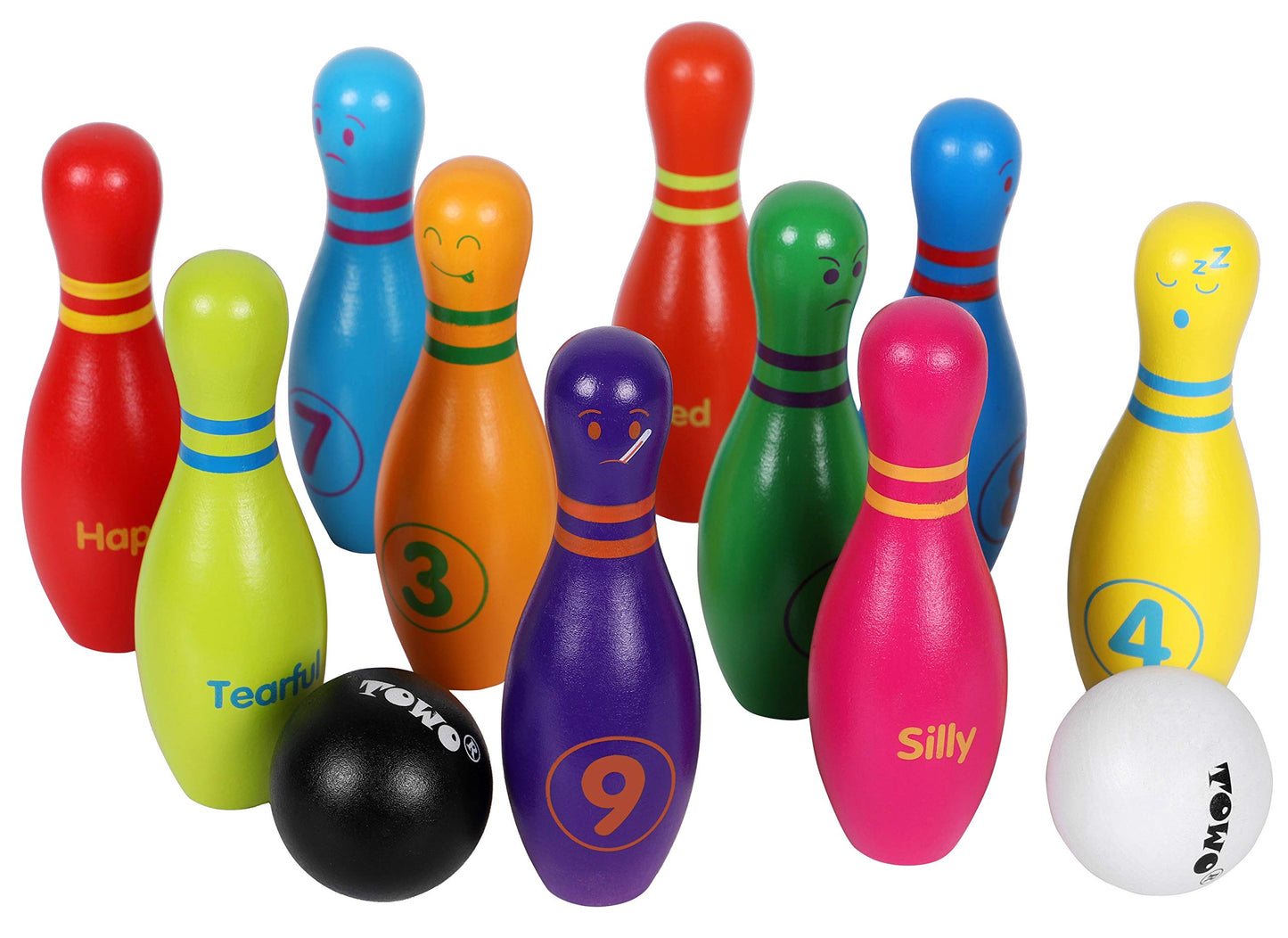 TOWO Wooden Skittles for Children - Wooden Skittle Set with Animal Faces and Numbers - 10 Pin Bowling Set for Kids Garden Toys-