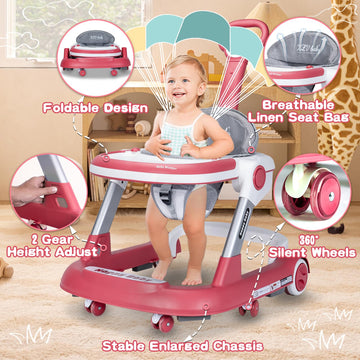 Baby Walker With Wheels 5 In 1 Foldable Activity Center With Mute Wheels Adjustable Heights Anti-Fall Push Walkers For Boys Girl