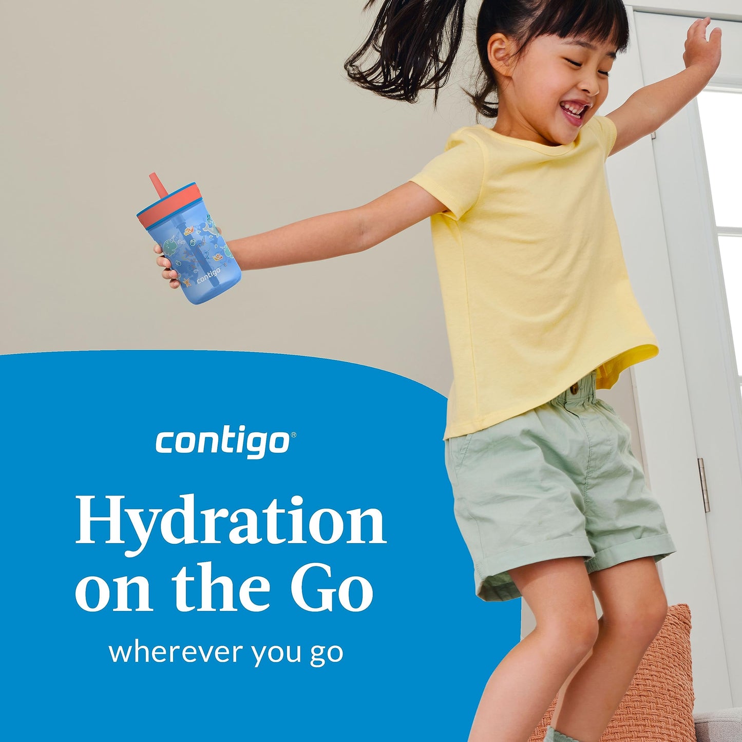 Contigo Kids Leighton Straw Tumbler With Spill-Proof Leak-Proof Lid, 14Oz, Blue Poppy/Narwhals