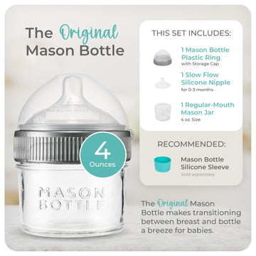 Mason Bottle 4Oz Baby Glass Bottle With Breast Like Slow Flow Nipple, Cap+Ring - Bpa Free, Non Toxic, Anti Colic Glass Baby Bott