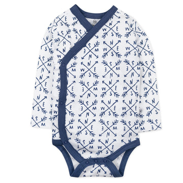 Honestbaby 3-Pack Organic Cotton Long Sleeve Side-Snap Kimono Bodysuits, Compass Blue, Newborn