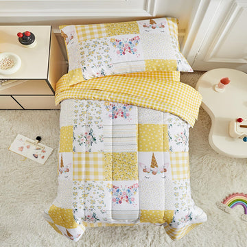 Joyreap 4 Piece Toddler Bedding Set For Girls- Butterflies Flowers Yellow N White Patchwork Design, Microfiber Toddler Bedding C