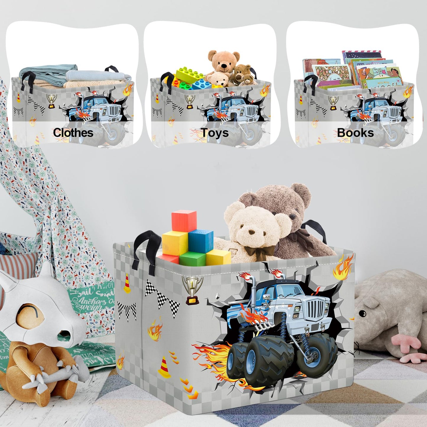 Clastyle Sport 3D Racing Car Boy Room Basket Racing Flag Monster Truck Toy Book Shelf Basket Large Rectangle Collapsible Dirty C