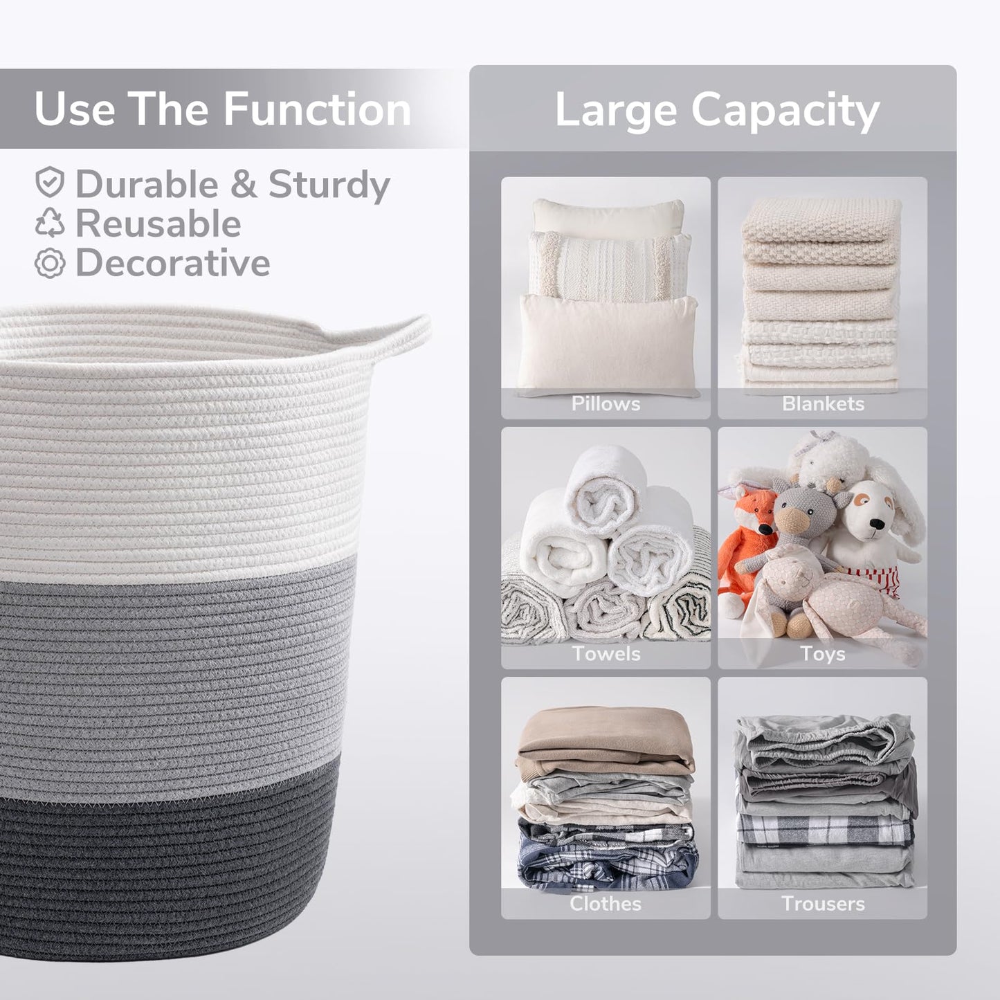 Indressme 17 X 15 X 13 Inches Grey Baby Laundry Basket Thread Cotton Rope Basket Toy Storage Basket Organizer Tall Woven Basket