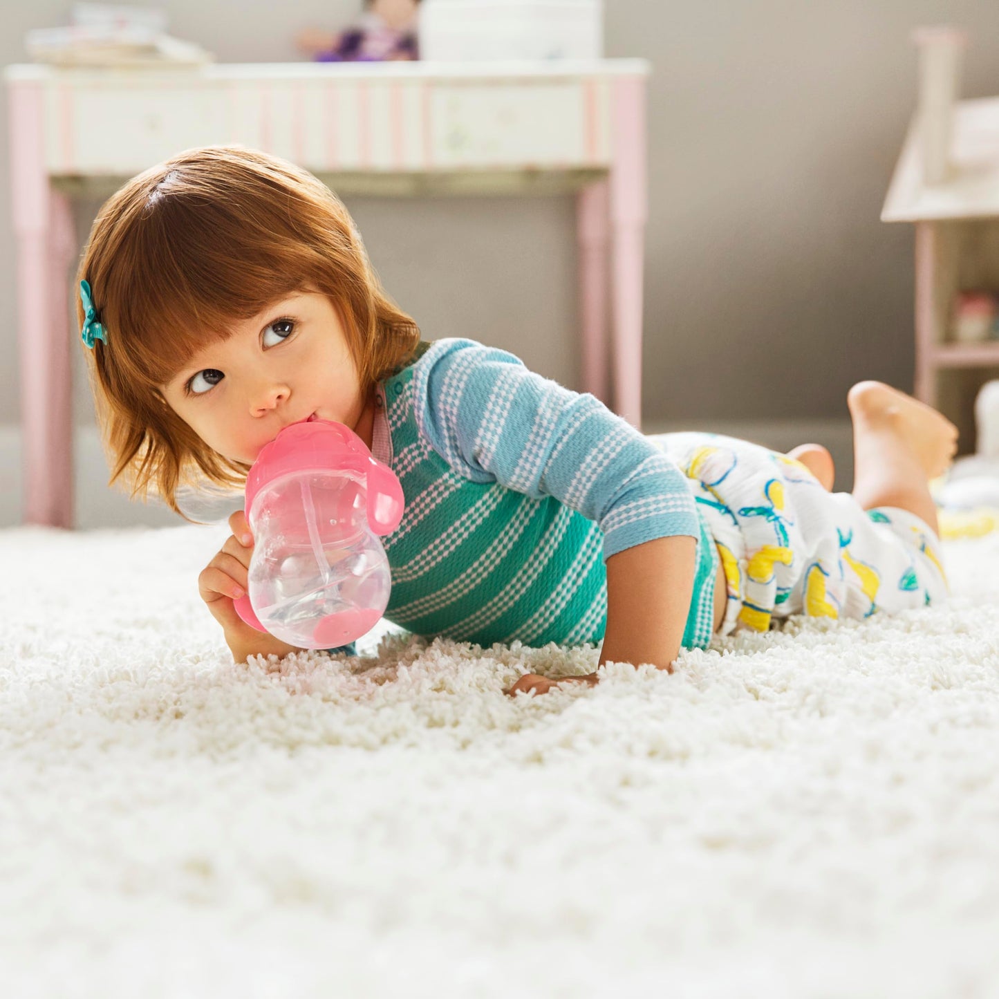 Munchkin Any Angle Weighted Straw Trainer Cup With Click Lock Lid, 7 Ounce, Pink