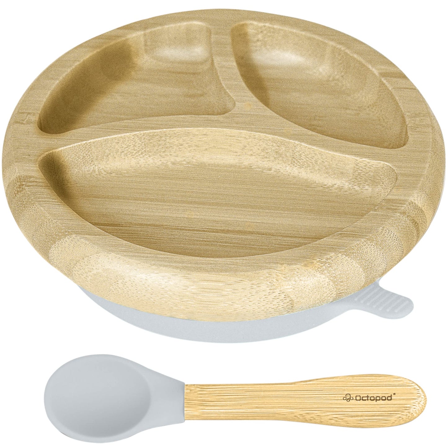 Abiie Octopod Bamboo Dish - Kids Plates for 4 months and up, 3-Compartment Baby Plates with Suction, Round Bamboo Baby Plate, Me