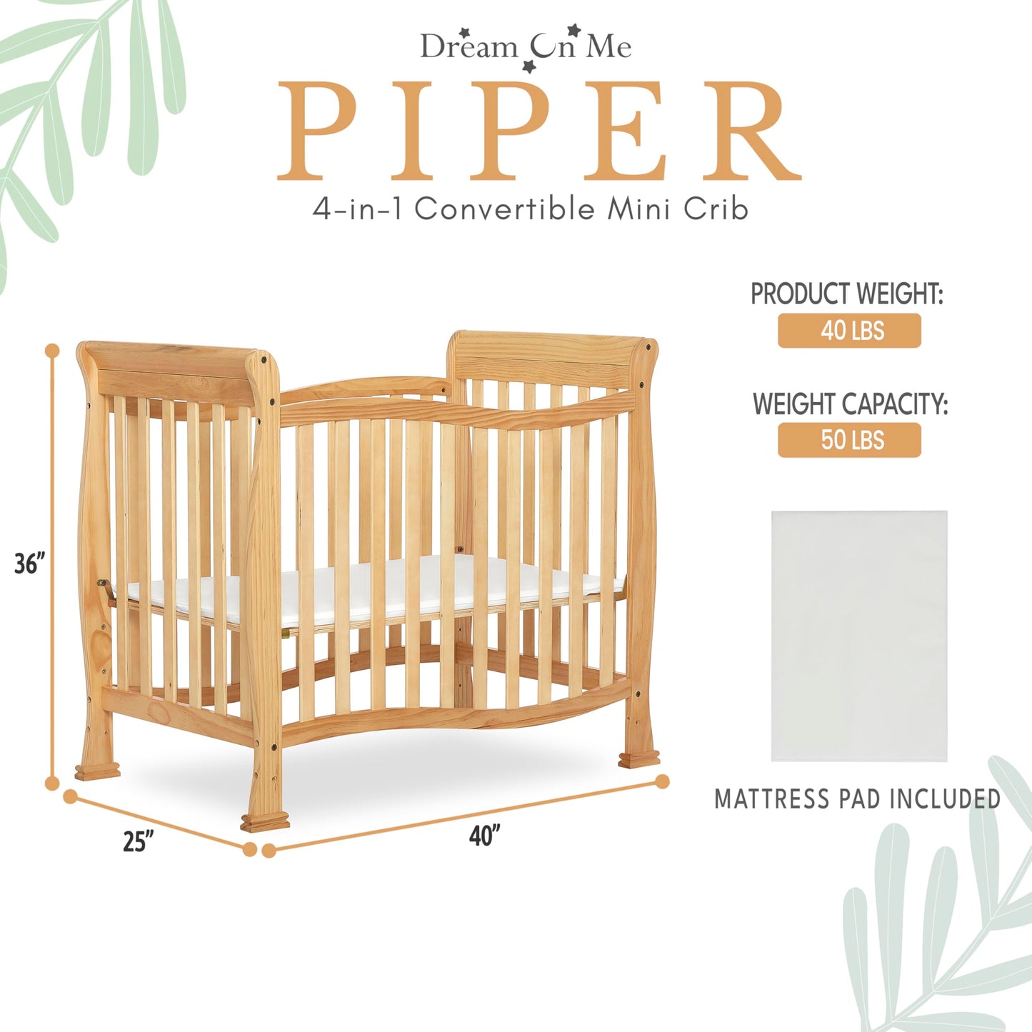 Dream On Me Violet 4-In-1 Convertible Mini Crib In Natural, Greenguard Gold Certified, Jpma Certified, 3 Position Mattress Heigh