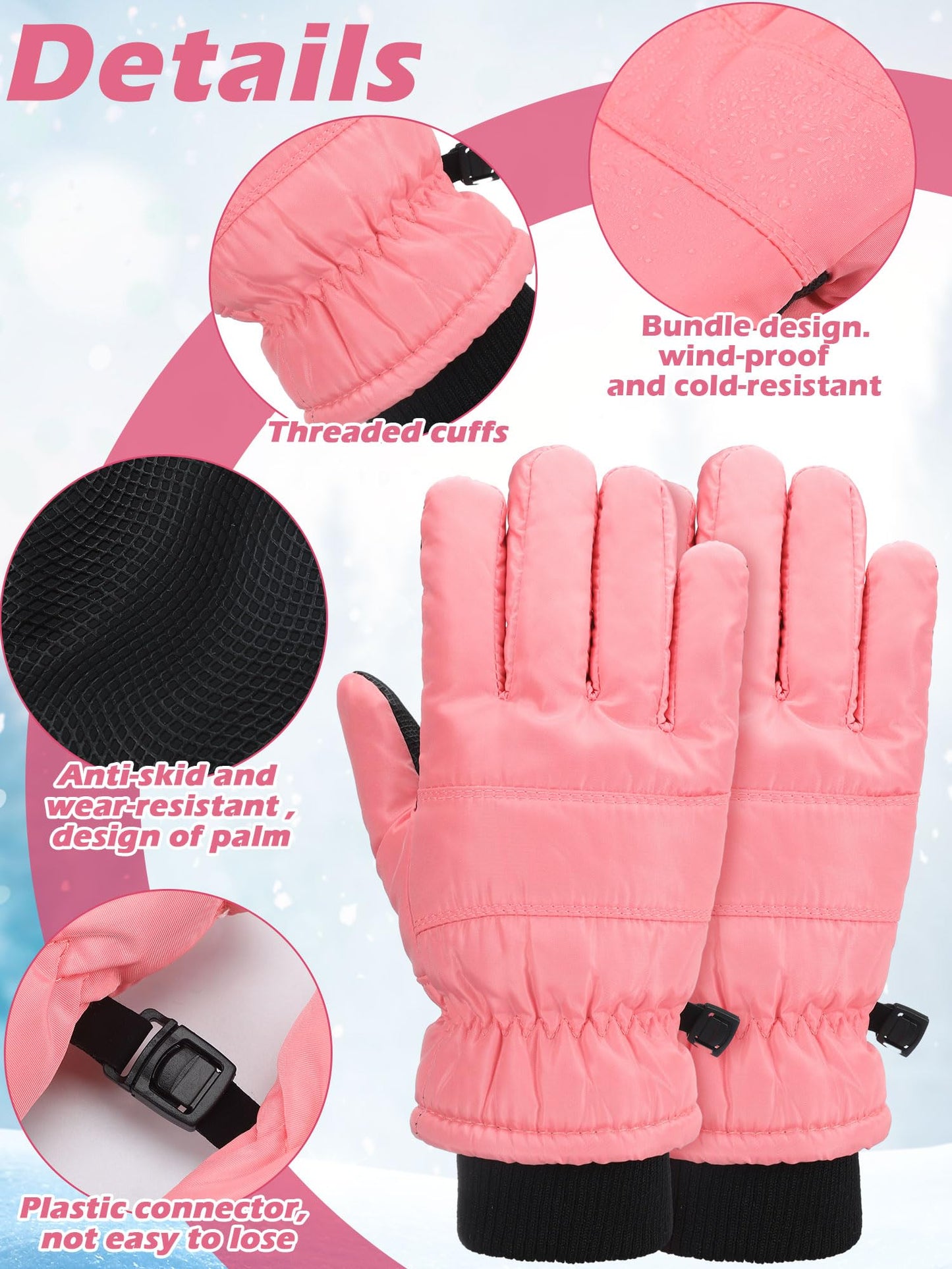 Boao 2 Pairs Kids Winter Ski Gloves Waterproof Warm Snow Mittens Full Finger Gloves For Toddlers Infants (Blue, Pink, 1-3 Years)