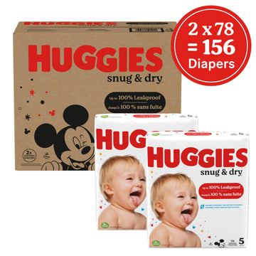 Huggies Size 5 Diapers, Snug & Dry Baby Diapers, Size 5 (27+ Lbs), 156 Count (2 Packs Of 78), Packaging May Vary