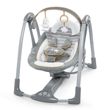 Ingenuity Swing N Go Deluxe 5-Speed Baby Swing With Cushioned Harness - Foldable, Portable, 2 Plush Toys & Sounds, 0-9 Months 6-