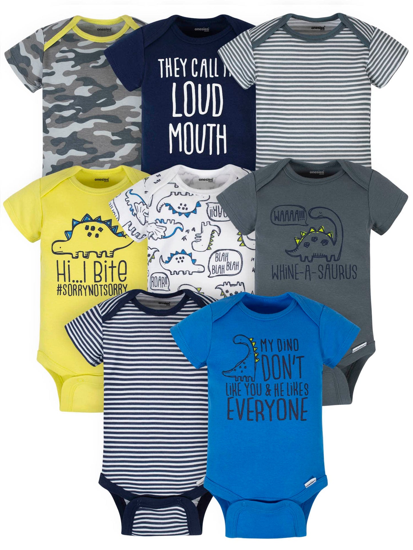 Onesies Brand Baby Boys' 8-Pack Short Sleeve Mix & Match Bodysuits, Grey Dino, Newborn