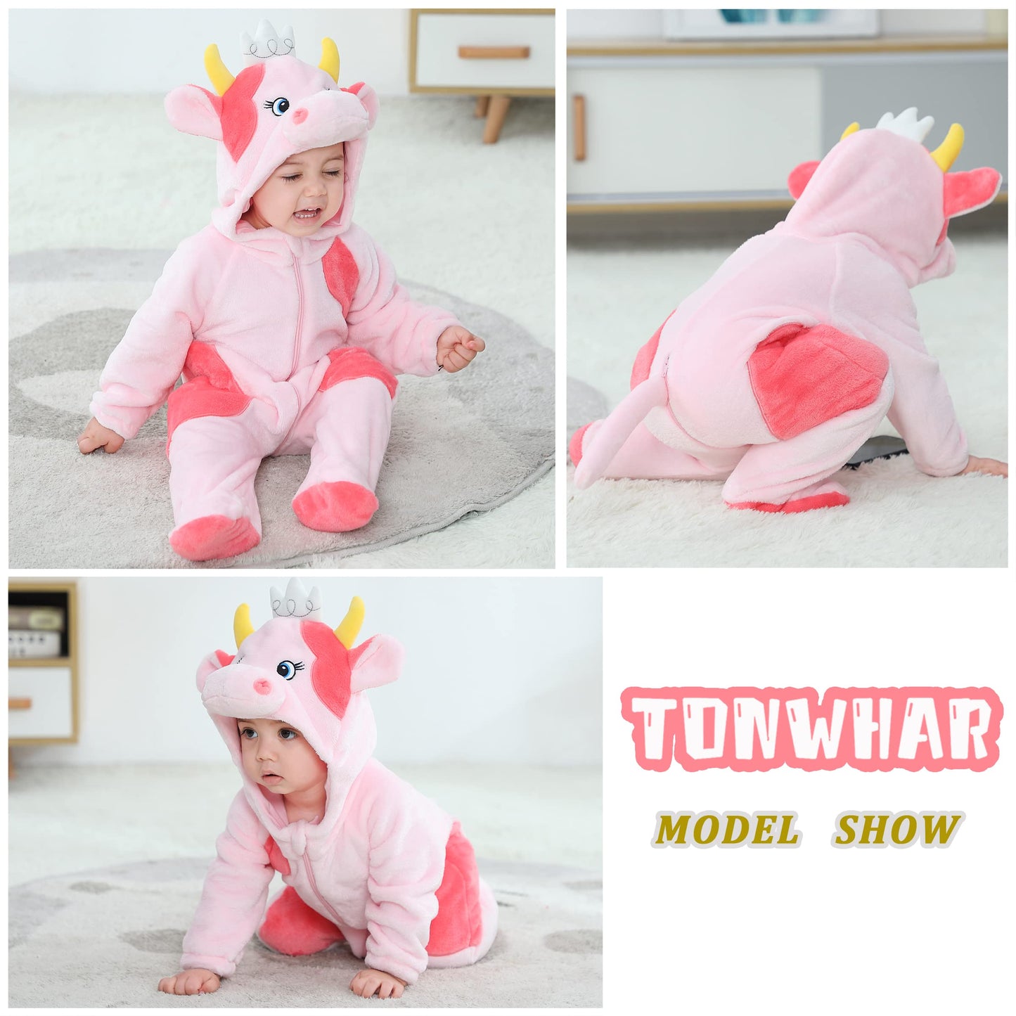 Tonwhar Unisex Baby Animal Halloween Costume Kid'S And Toddler'S Autumn Winter Outfits Jumpsuit (3-4 T,Pink Cow)