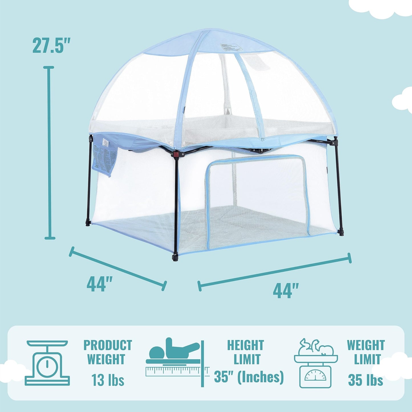 Dream On Me Ziggy Square Playpen With Canopy | Baby Playpen | Portable And Lightweight | Playpen For Babies And Toddler | Blue