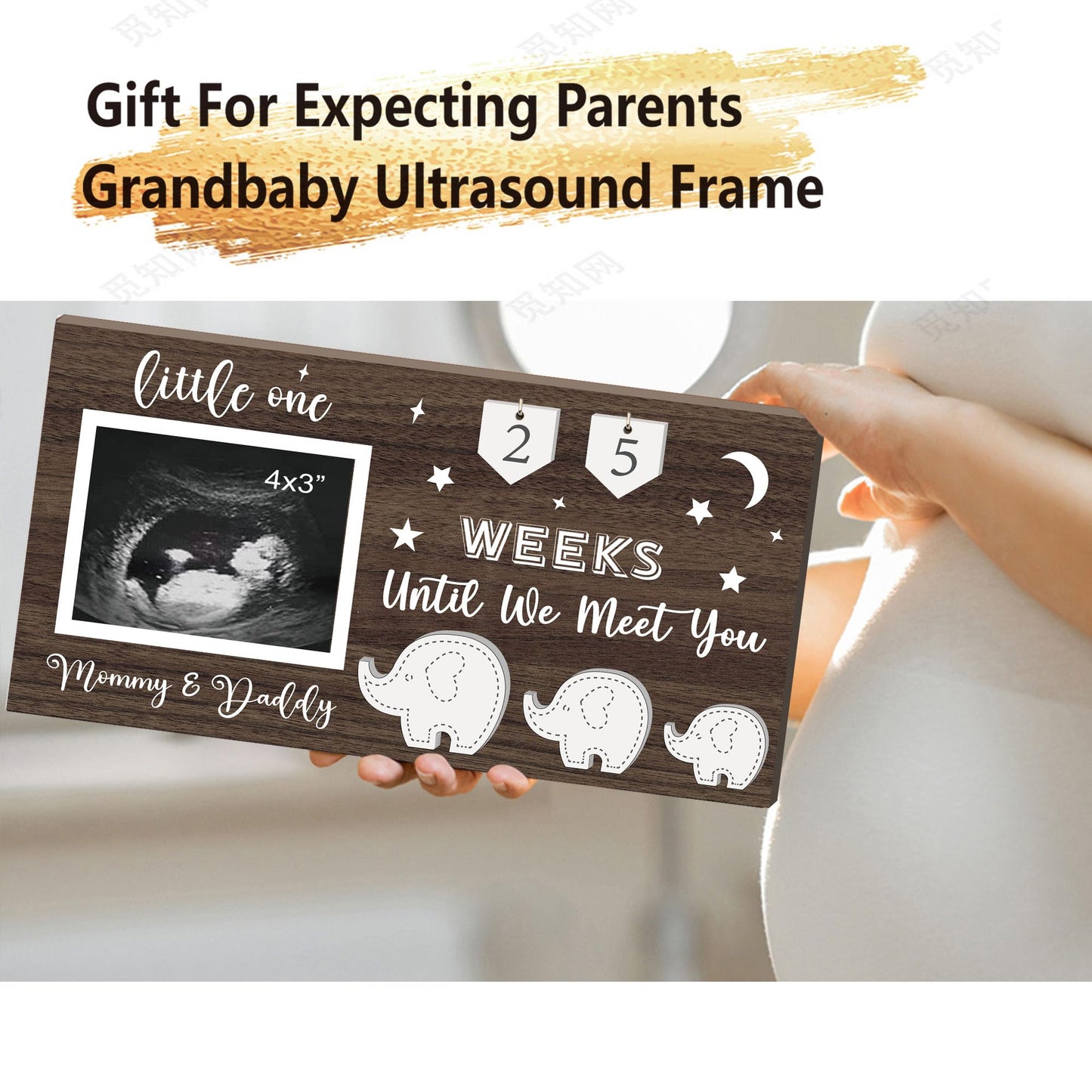 Yudarte Ultrasound Picture Frame 4X3 Inches With Baby Countdown Weeks Sonogram - Pregnancy Announcement Elephant Nursery Decor F