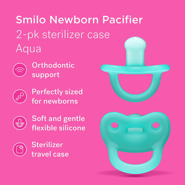 Smilo Newborn Baby Pacifier With Sterilization Box - 2 Pack Of Orthodontic Pacifiers For Babies From 0-2 Months - Expands To Sup
