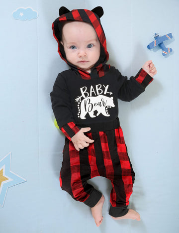 Fommy Baby Boy Clothes 9-12 Months Baby Bear Hoodies Baby Clothes Boy Outfit Plaid Pant Cute Boy Clothes 2Pcs Set Gifts