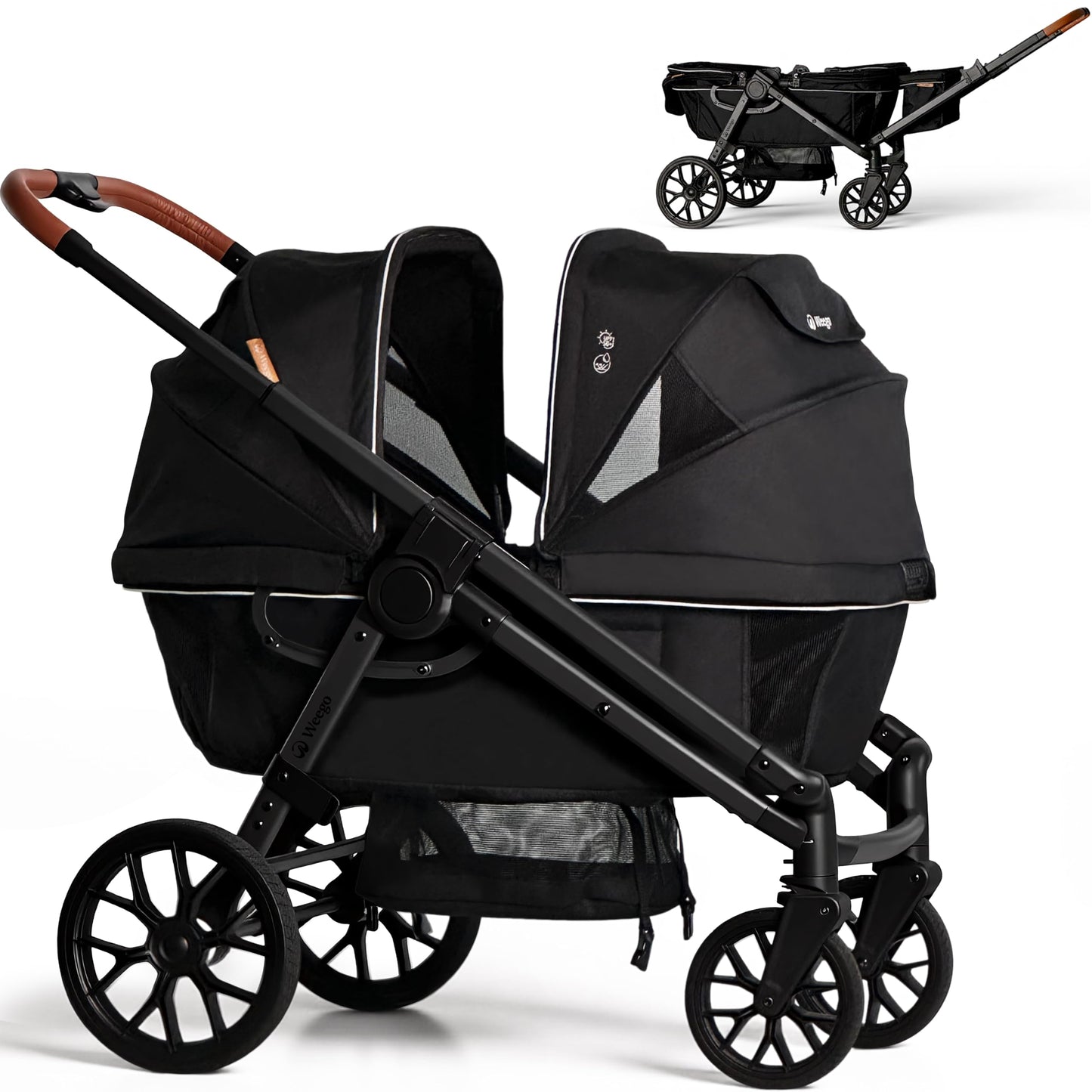 Wagon Stroller for 2 Kids, All-Terrain with Removable UV-Protection Canopy , Adjustable Push/Pull Handle, Snack Tray & Cup Holde