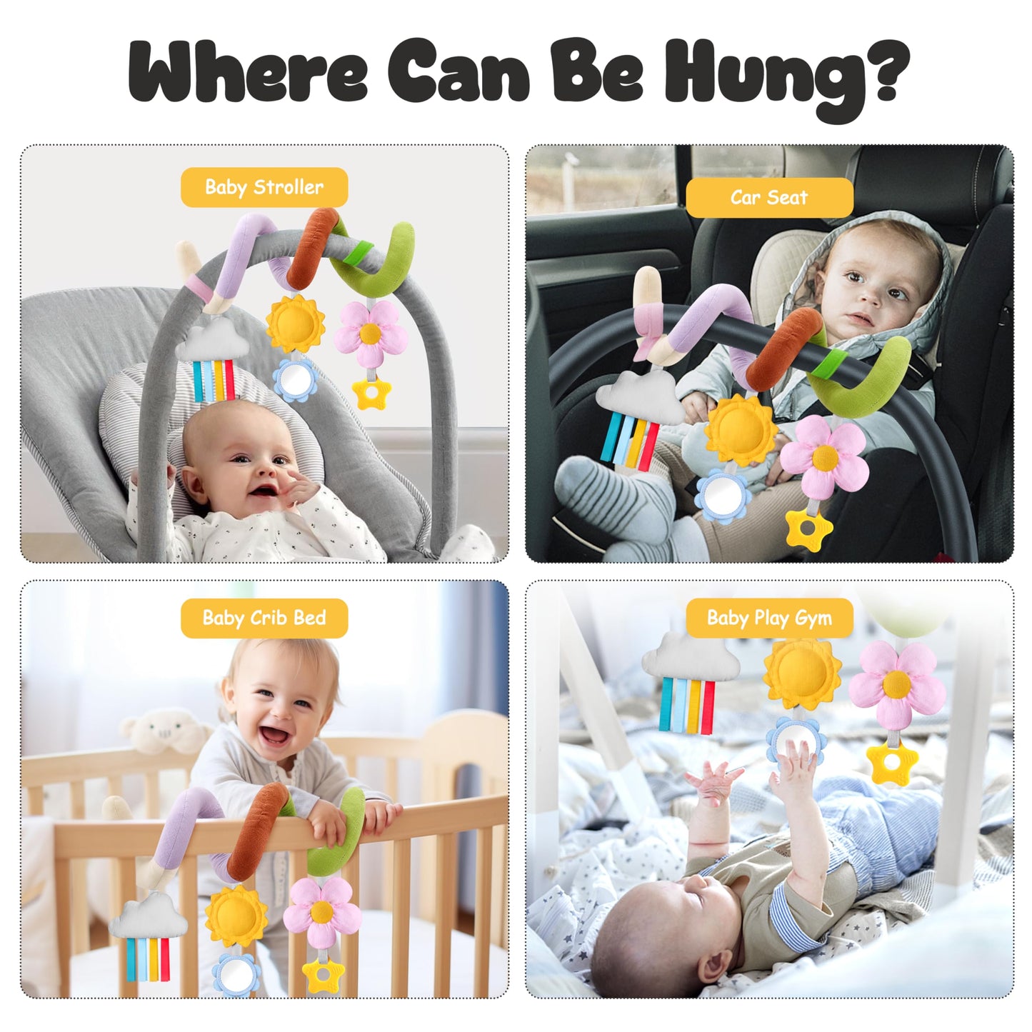 Stuffed Christmas Spiral Baby Car Seat Toys, Best Newborn Shower Gifts, Soft Infant Essentials Must Have Hanging Toys (Vibrant N