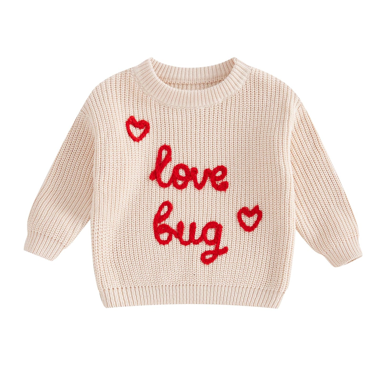 Dewadbow Toddler Kids Outfits Valentines Day Heart/Letter Embroidered Sweater Oversized Long Sleeve Knitted Sweatshirt (Love Bug