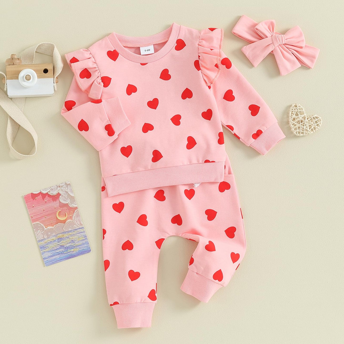 Toddler Baby Girl Valentines Day Outfit Infant Red Heart Clothes Newborn Sweatshirt Pants Headband 3Pcs Set (U Full Red Heart Pr