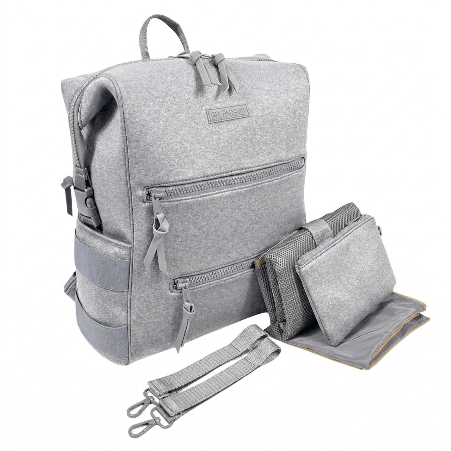 BUNSO Neoprene Diaper Bag Backpack, Water-resistant, Travel Baby Bag With Changing Pad, Stroller Straps, Wet Bag and Pouch (Gray
