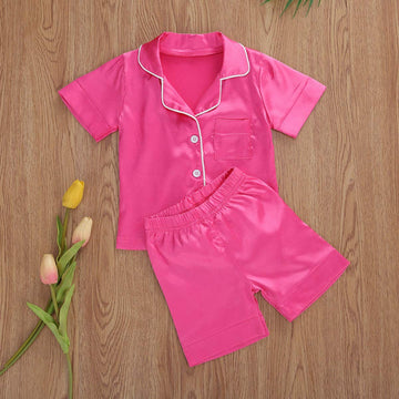 Toddler Baby Kids Satin Pajamas Set, Long Sleeve Button-Down Sleepwear Pjs For Girls (5T, Rose Red-Short Sleeve)