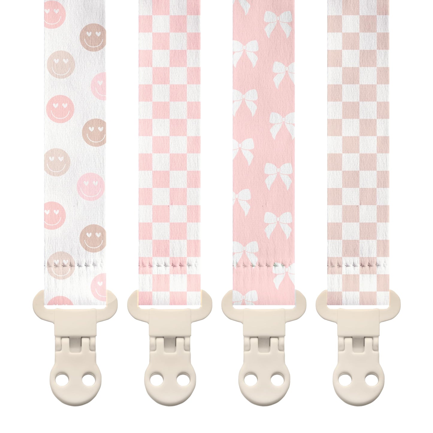 Stadela Baby Fabric Pacifier Clip Holder, Plastic Clip, 4-Pack, Checker Pattern, Emily Set
