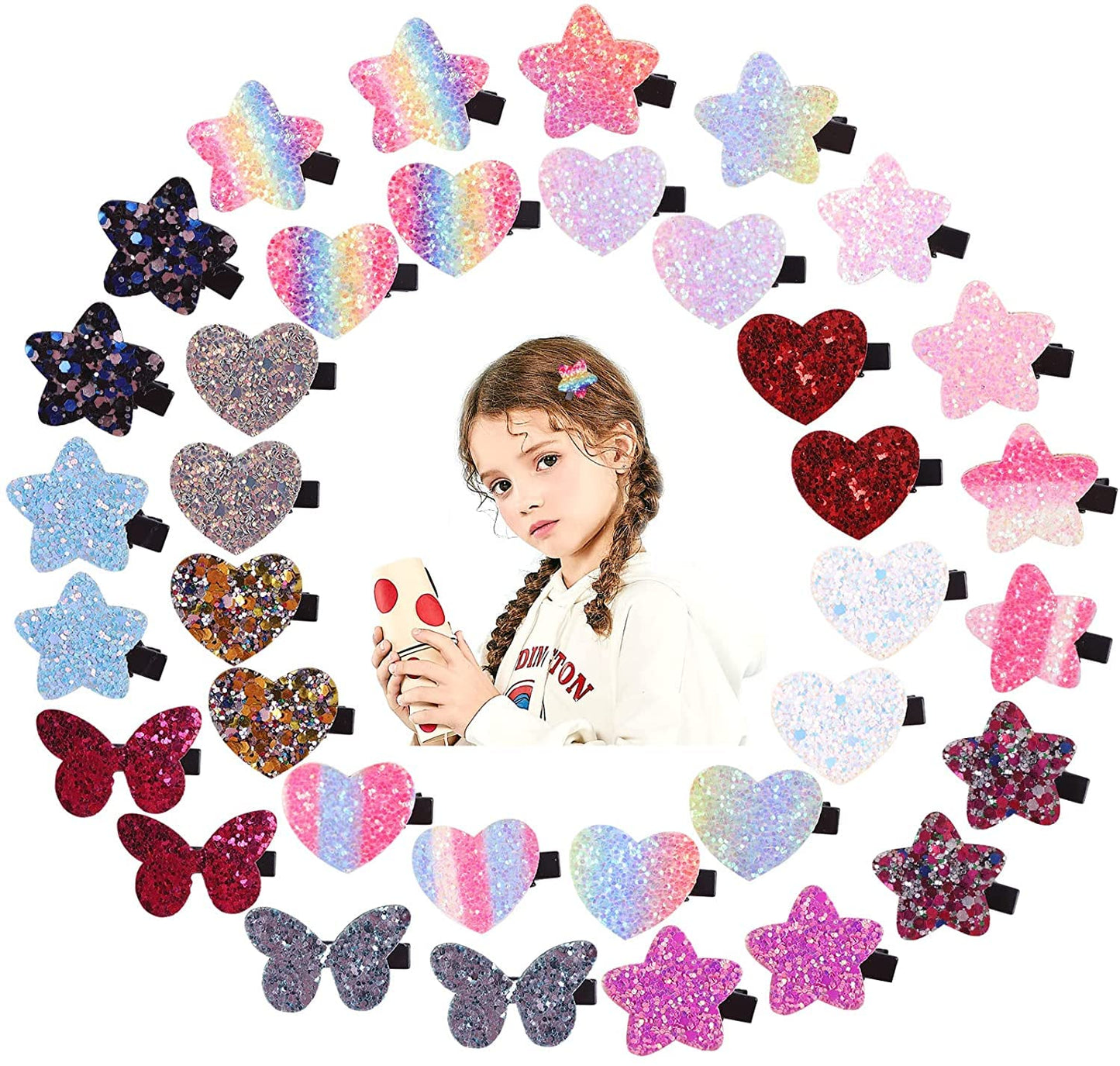 Fishdown Sparkle Sequins Hair Accessories for Girls: 36 Pcs Star, Heart, Butterfly Hair Clips, Barrettes, and Alligator Clips fo